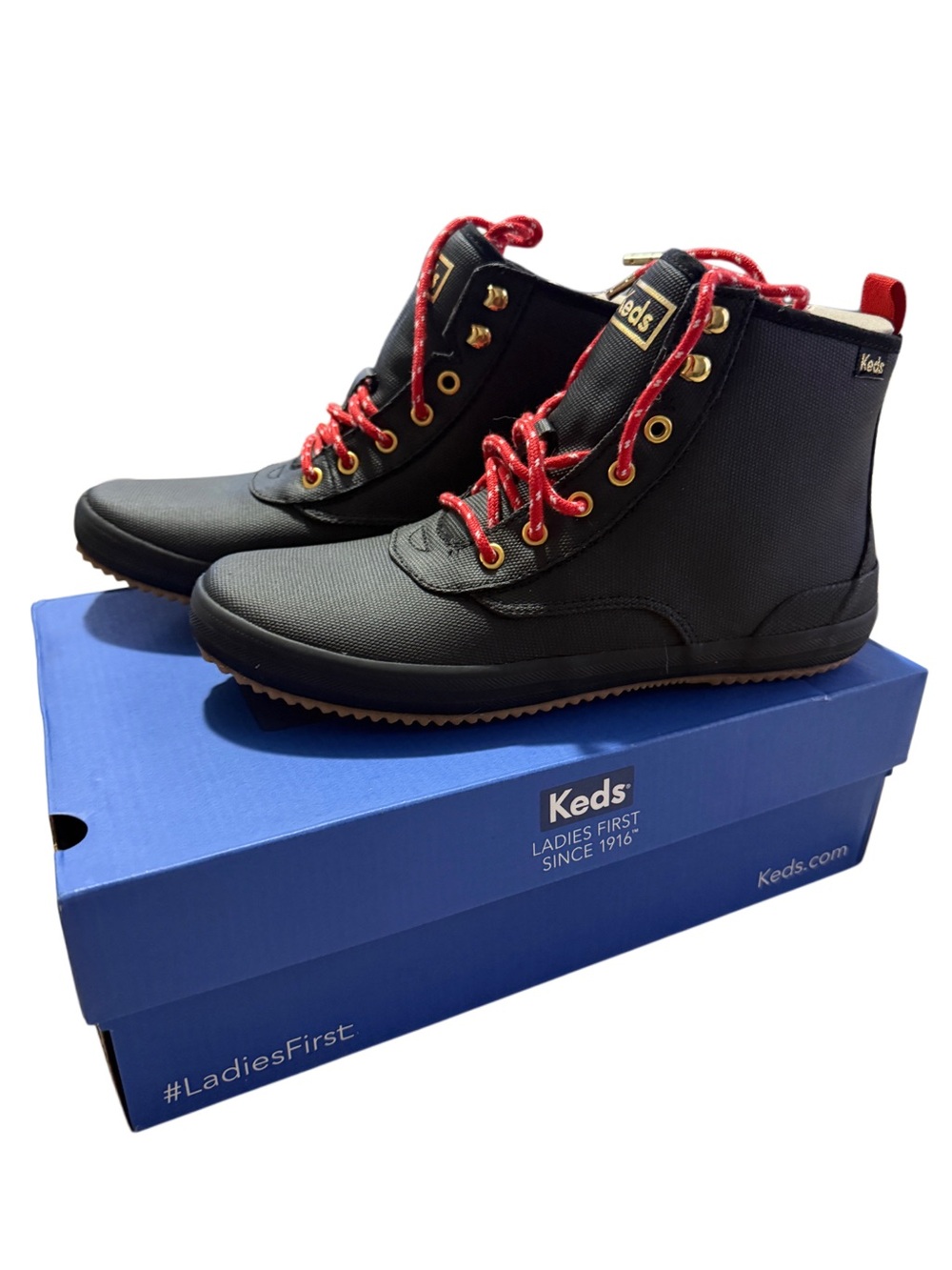 NIB Keds Scout Boot Water Resistant Black Red Lace Up Ankle Duck Boot Size 9